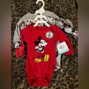 ✨NWT 3 MOS 3 PACK Disney Mickey Mouse Red and Gray Bodysuit Set